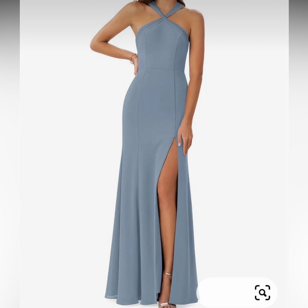 Azazie Halter Maxi Dress, Dusty Blue, Size 2